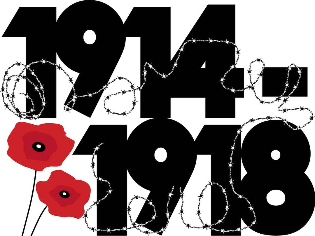 Image of 1914-1918 World War One with barbed wire and poppies entwined in the dates