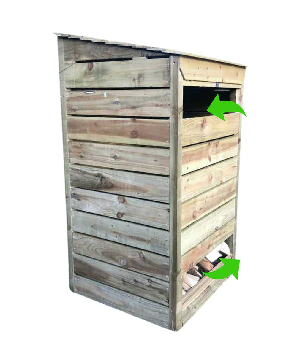 Home outdoor wood store's unique design automatically gives you the best & most seasoned logs to burn EVERY time. Flat-pack product has a lockable & easily removable roof. Sturdy & long-lasting log store protects your wood from rain & has ample air flow.